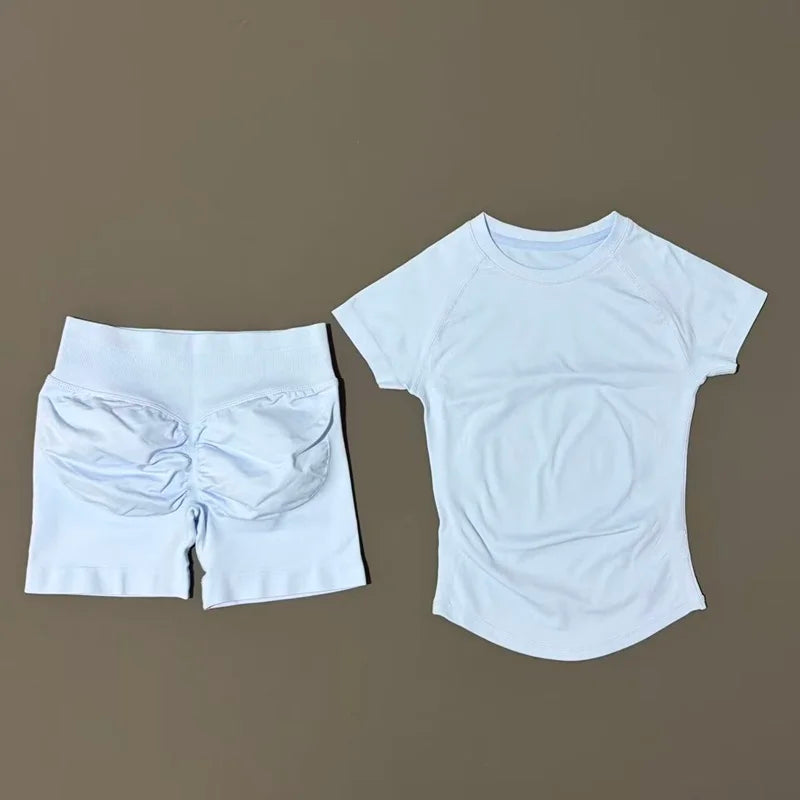 Conjunto Fitness Feminino 2 Peças | Camiseta Manga Curta e Shorts Canelado Cintura Alta | Empina Bumbum