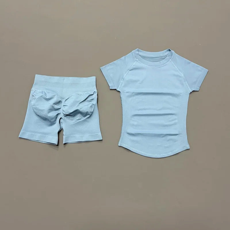 Conjunto Fitness Feminino 2 Peças | Camiseta Manga Curta e Shorts Canelado Cintura Alta | Empina Bumbum