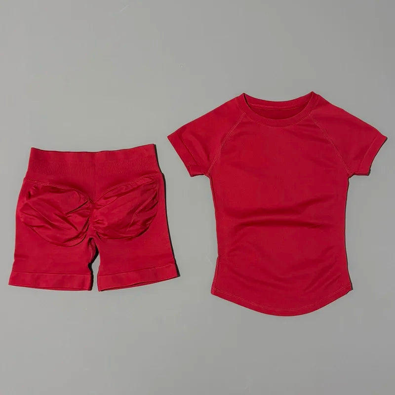 Conjunto Fitness Feminino 2 Peças | Camiseta Manga Curta e Shorts Canelado Cintura Alta | Empina Bumbum