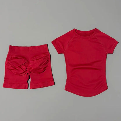 Conjunto Fitness Feminino 2 Peças | Camiseta Manga Curta e Shorts Canelado Cintura Alta | Empina Bumbum