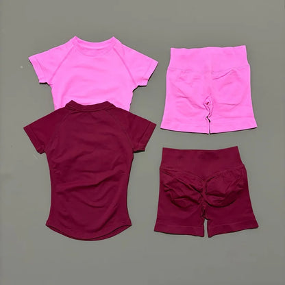 Conjunto Fitness Feminino 2 Peças | Camiseta Manga Curta e Shorts Canelado Cintura Alta | Empina Bumbum
