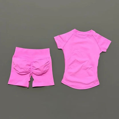 Conjunto Fitness Feminino 2 Peças | Camiseta Manga Curta e Shorts Canelado Cintura Alta | Empina Bumbum