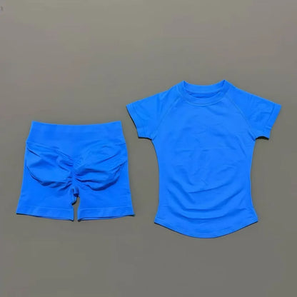 Conjunto Fitness Feminino 2 Peças | Camiseta Manga Curta e Shorts Canelado Cintura Alta | Empina Bumbum