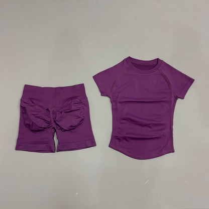 Conjunto Fitness Feminino 2 Peças | Camiseta Manga Curta e Shorts Canelado Cintura Alta | Empina Bumbum