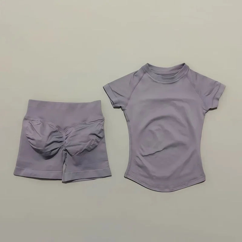 Conjunto Fitness Feminino 2 Peças | Camiseta Manga Curta e Shorts Canelado Cintura Alta | Empina Bumbum