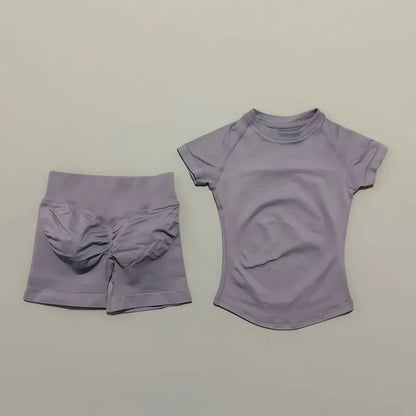 Conjunto Fitness Feminino 2 Peças | Camiseta Manga Curta e Shorts Canelado Cintura Alta | Empina Bumbum