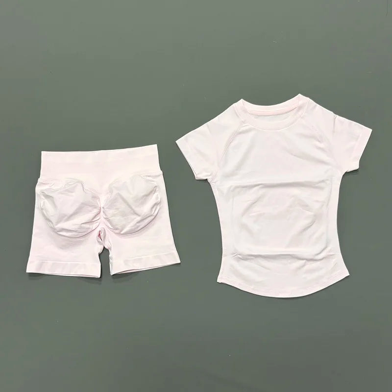 Conjunto Fitness Feminino 2 Peças | Camiseta Manga Curta e Shorts Canelado Cintura Alta | Empina Bumbum