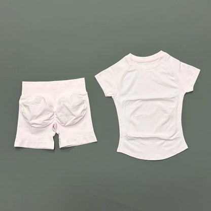 Conjunto Fitness Feminino 2 Peças | Camiseta Manga Curta e Shorts Canelado Cintura Alta | Empina Bumbum