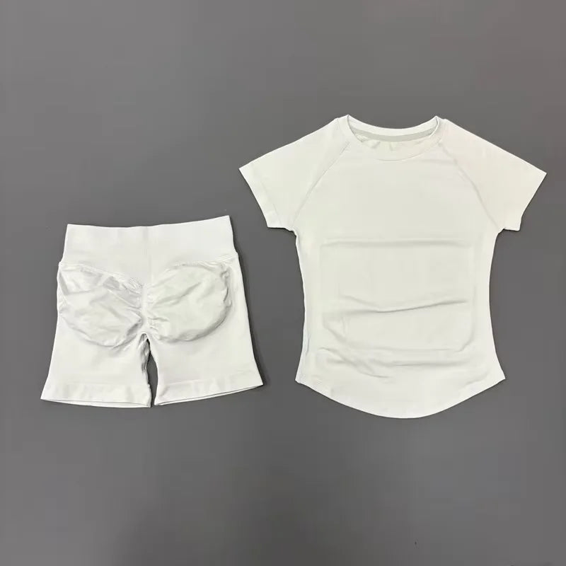 Conjunto Fitness Feminino 2 Peças | Camiseta Manga Curta e Shorts Canelado Cintura Alta | Empina Bumbum