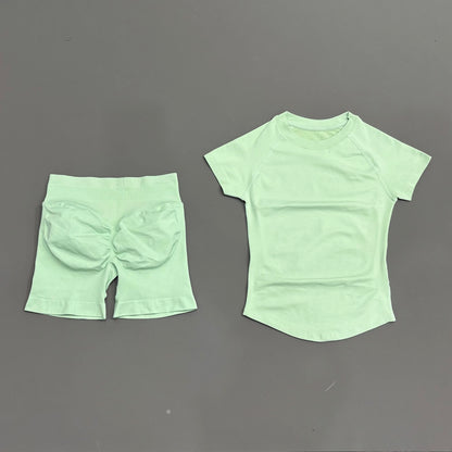 Conjunto Fitness Feminino 2 Peças | Camiseta Manga Curta e Shorts Canelado Cintura Alta | Empina Bumbum