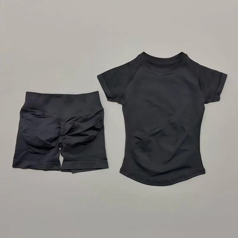 Conjunto Fitness Feminino 2 Peças | Camiseta Manga Curta e Shorts Canelado Cintura Alta | Empina Bumbum