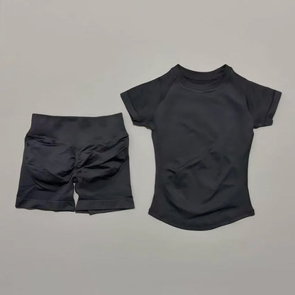 Conjunto Fitness Feminino 2 Peças | Camiseta Manga Curta e Shorts Canelado Cintura Alta | Empina Bumbum