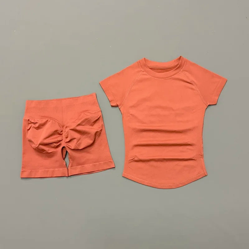 Conjunto Fitness Feminino 2 Peças | Camiseta Manga Curta e Shorts Canelado Cintura Alta | Empina Bumbum