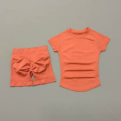 Conjunto Fitness Feminino 2 Peças | Camiseta Manga Curta e Shorts Canelado Cintura Alta | Empina Bumbum