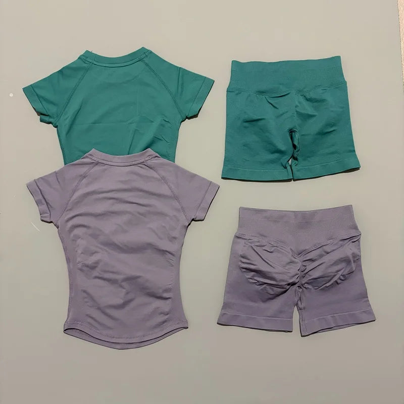 Conjunto Fitness Feminino 2 Peças | Camiseta Manga Curta e Shorts Canelado Cintura Alta | Empina Bumbum