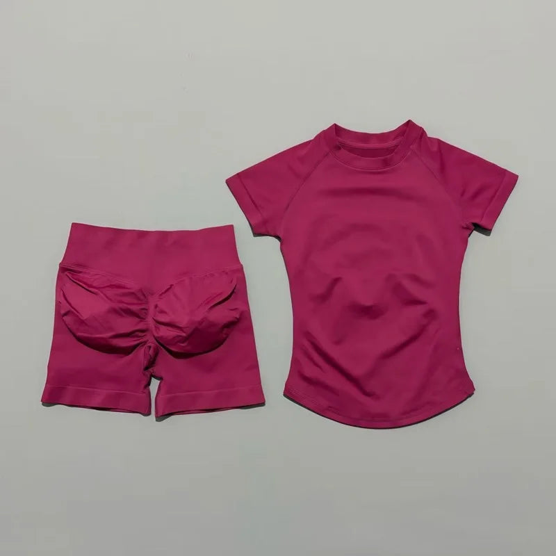 Conjunto Fitness Feminino 2 Peças | Camiseta Manga Curta e Shorts Canelado Cintura Alta | Empina Bumbum