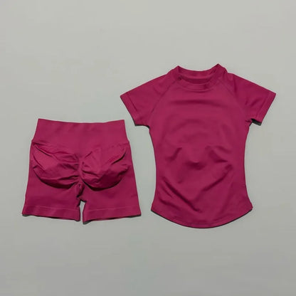 Conjunto Fitness Feminino 2 Peças | Camiseta Manga Curta e Shorts Canelado Cintura Alta | Empina Bumbum