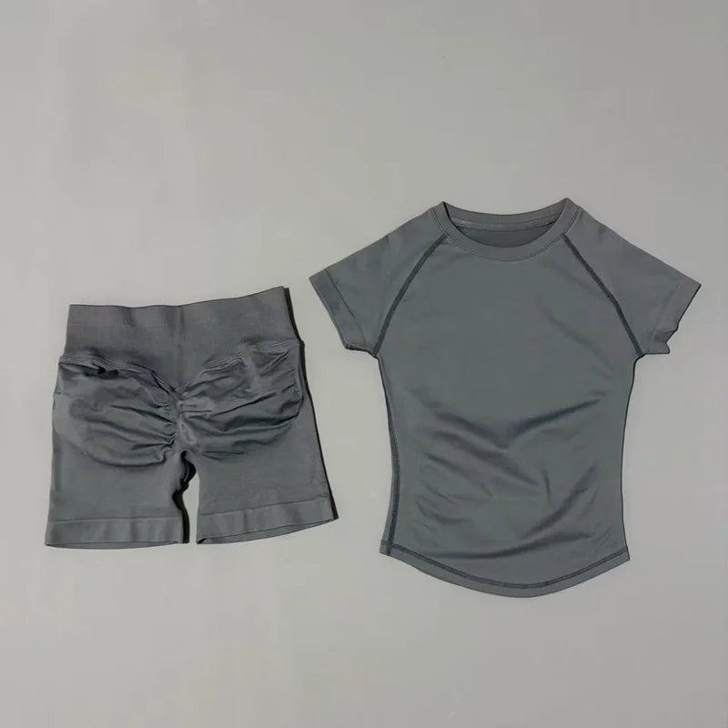 Conjunto Fitness Feminino 2 Peças | Camiseta Manga Curta e Shorts Canelado Cintura Alta | Empina Bumbum