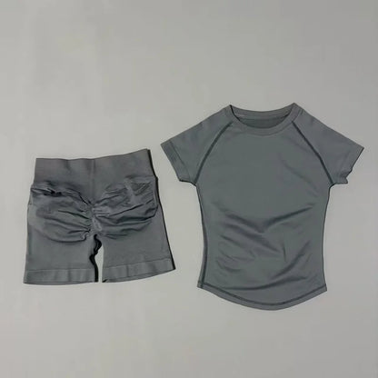 Conjunto Fitness Feminino 2 Peças | Camiseta Manga Curta e Shorts Canelado Cintura Alta | Empina Bumbum