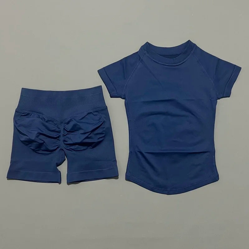 Conjunto Fitness Feminino 2 Peças | Camiseta Manga Curta e Shorts Canelado Cintura Alta | Empina Bumbum